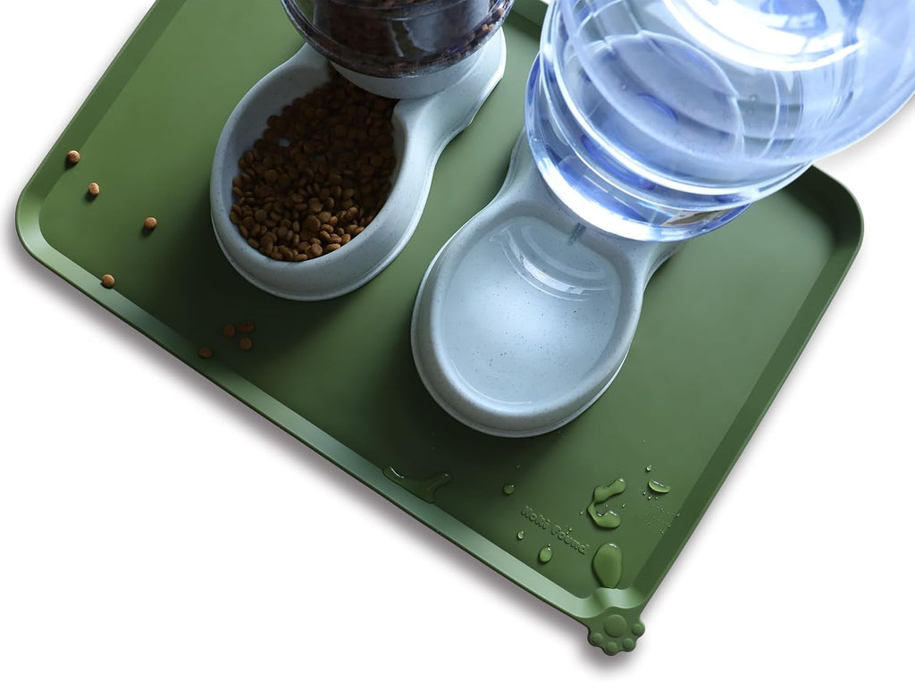 Hoki Found Large Silicone Pet Food Mats Tray - Waterproof Dog Pet Cat Feeding Mat - Non Slip Pet Dog Cat Food Bowl Mats Placemat -Pet Water Mats for Carpet - Dark Olive
