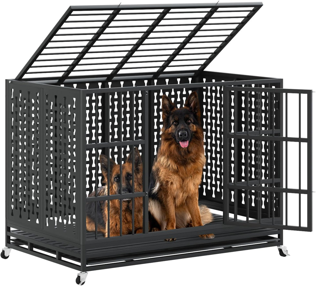 LEMBERI 48/42/38 inch Indestructible Heavy Duty Dog Crate, High Anxiety Extra Large Dog Cage for Large Dogs, XL Steel Escape Proof Dog Kennel with Wheels and Removable Tray