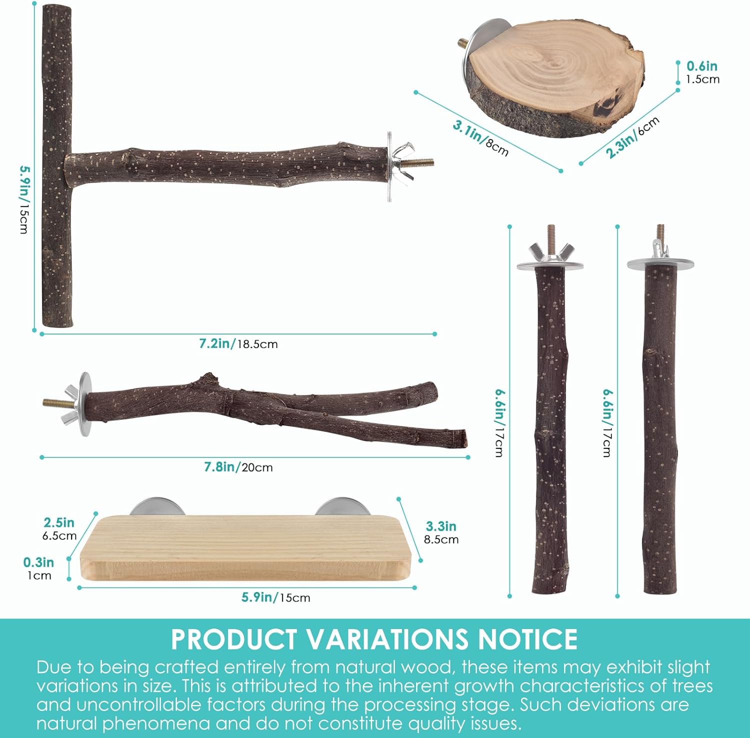 Bird Perches, 6 Pcs Natural Wood Parrot Perch Stand Chew Toys, Hanging Multi-Branch Parrot Perch Platform Swing Toy Cage Accessories for Small Parakeets, Budgies, Lovebirds, Canaries, Finches