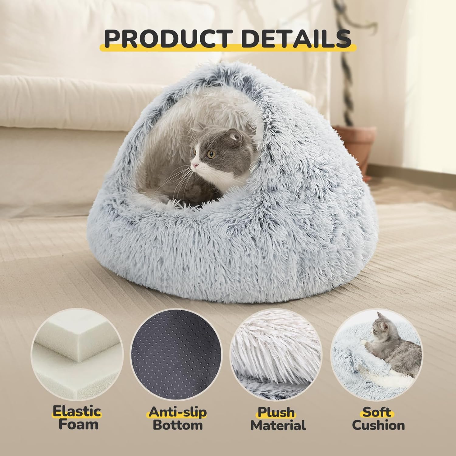CATISM Cozy Plush Hooded Cat Bed, Indoor/Outdoor, Self-Warming Cave, Removable Washable Non-Slip Bottom