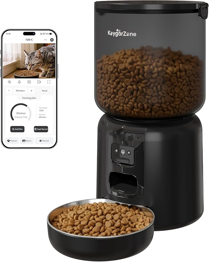 Smart Automatic Pet Feeder with 2MP HD Camera, App Control via 2.4G/5G WiFi, Dual Power System & Voice Recording, 4L Food Dispenser for Cats and Small Dogs, Black