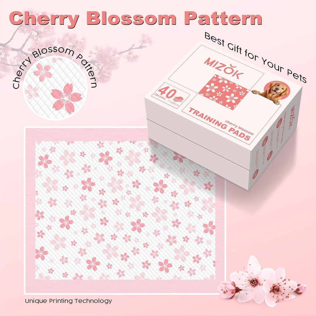 MIZOK Dog Pee Pads 28x34in Pink, Puppy Pads Extra Large Absorbent with Adhesive Tabs 6-Layer Leak-Proof Quick-Dry Design Odor Control for Potty Training, Cherry Blossom Prints (40 Counts)