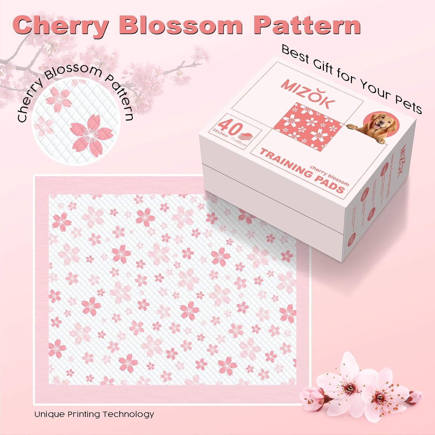 MIZOK Dog Pee Pads 28x34in Pink, Puppy Pads Extra Large Absorbent with Adhesive Tabs 6-Layer Leak-Proof Quick-Dry Design Odor Control for Potty Training, Cherry Blossom Prints (40 Counts)