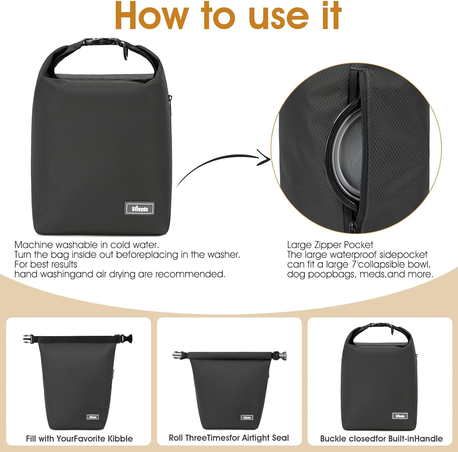 Dog Food Travel Bag,40-Cup Pet Food Storage Containers with 2PCS Collapsible Dog Travel Bowls,Waterproof Kibble Storage Container(Black, Large)