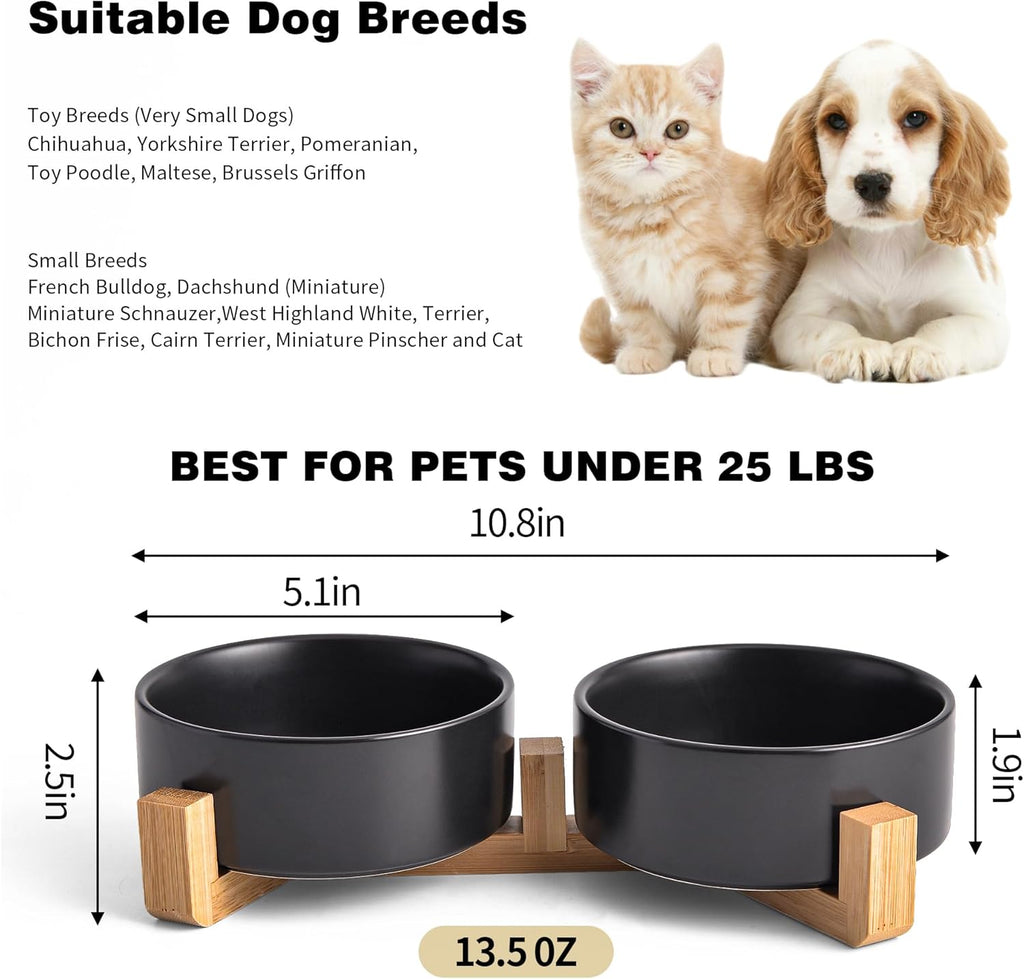 Black Ceramic Dog & Cat Bowl Set – 13.5 OZ with Wooden Stand, Non-Slip, Elevated Design for Small Dogs & Cats – 2 Bowls (Food & Water, Ceramic Pet Bowls, Modern Dog Bowls)