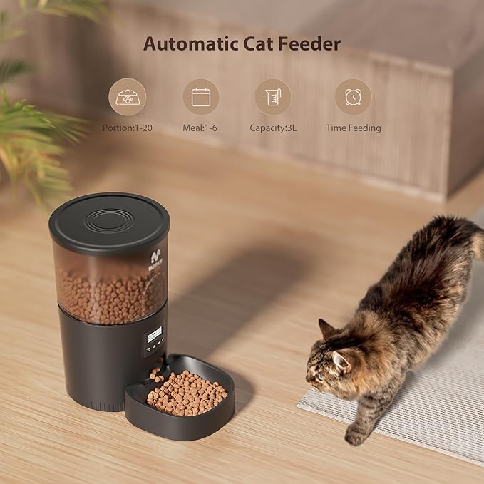 IMIPAW Automatic Cat Feeders, 3L Timed Cat Dry Food Dispenser, Dual Power Supply, Programmable Portion Size, 1-6 Meals Per Day, Auto Pet Feeder for Cats and Small Dogs, with Desiccant Bags