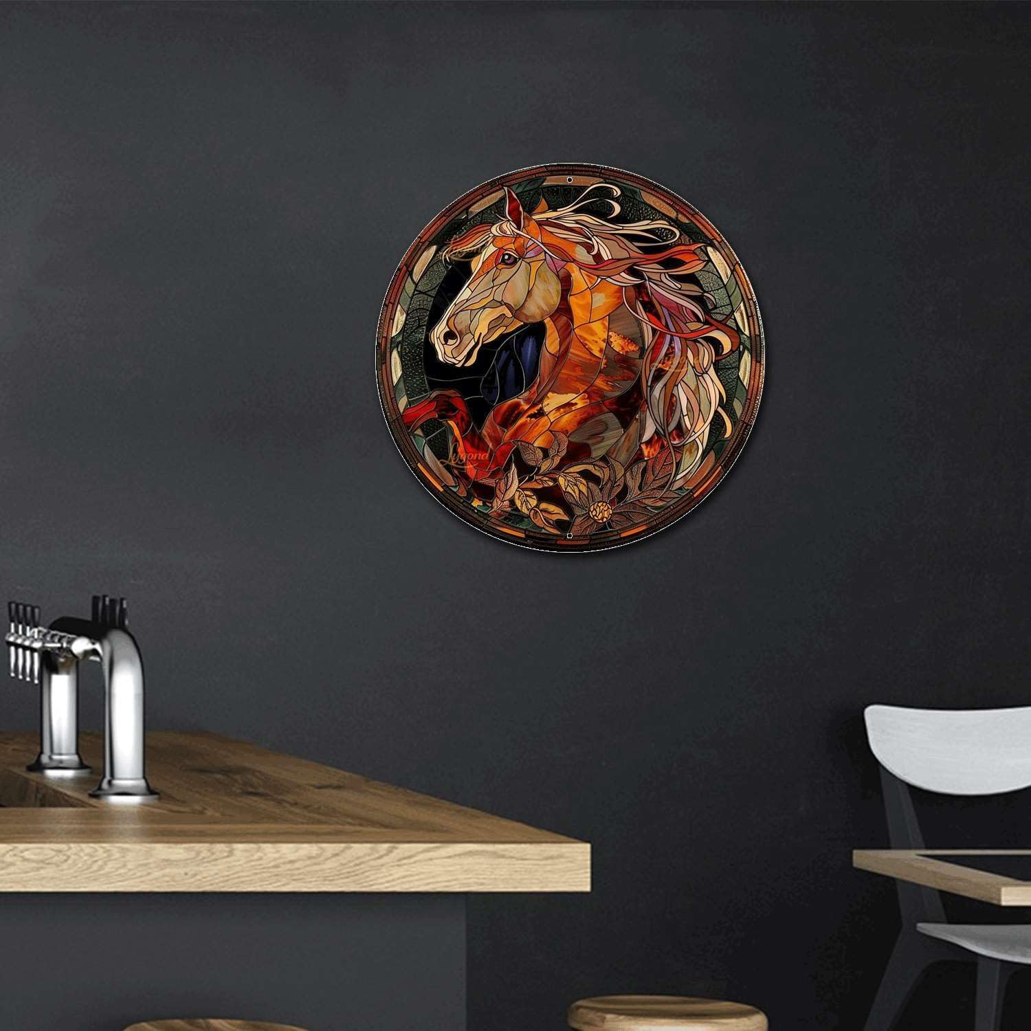 Lygond Metal Sign Tin Sign Circular Stained Glass Horse Metal Signs Vintage for Restaurant 12×12 Inches