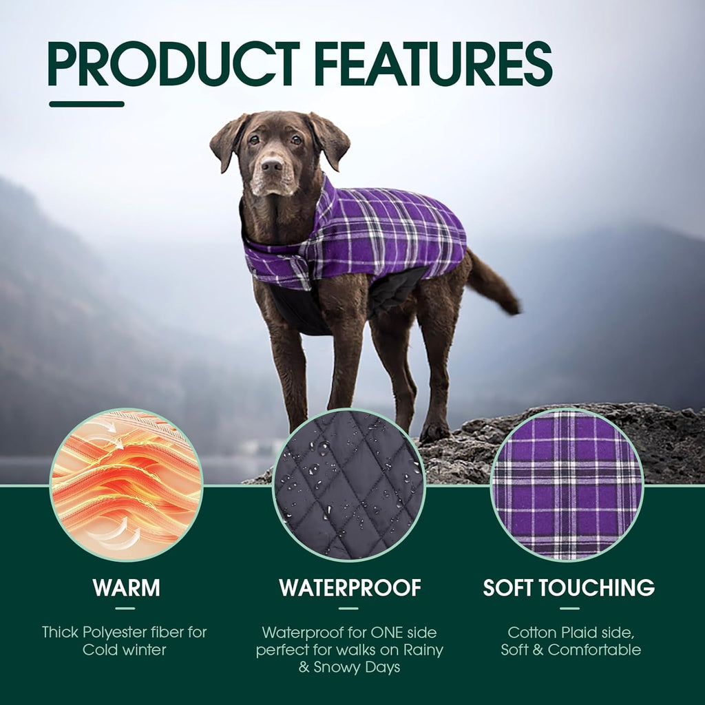 Kuoser Waterproof Dog Coat, Reversible Dog Jacket for Medium Dogs, Adjustable Durable Doggie Winter Coat Warm Puppy Cold Weather Apparel from Small to Large Breed, Purple M