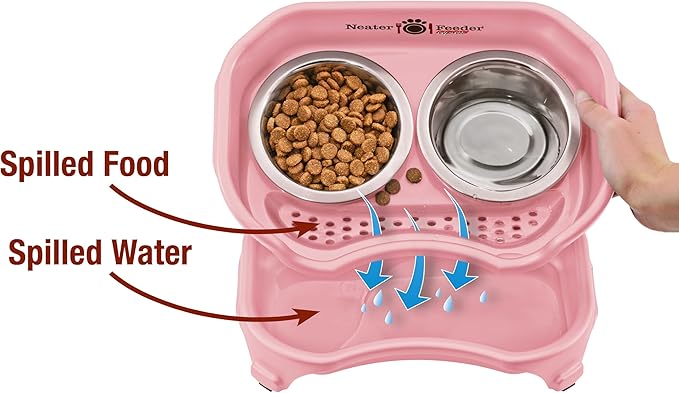 Neater Feeder Express Mess Proof Dog Bowls Elevated for Small Breed – Made in USA – No Spill Raised Slow Feeder Elevated Dog Bowl Stand, Stainless Steel Food and Water Bowl Set, Pink