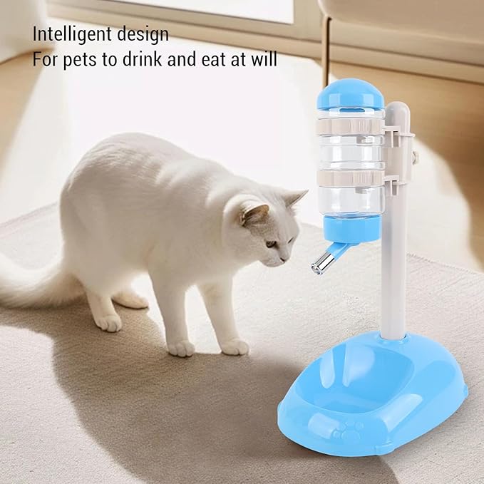 Pet Standing Water Dispenser, Height Adjustable Automatic Water Feeder Food Feeder Bowl, 500ml Dog Water Bottle Dispenser, Dog Cat Feeding Water Bowl Set (Blue)