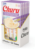 INABA Churu Cat Treats, Grain-Free, Lickable, Squeezable Creamy Purée Cat Treat/Topper with Vitamin E & Taurine, 0.5 Ounces Each Tube, 24 Tubes (4 per Pack), Chicken with Shrimp Recipe