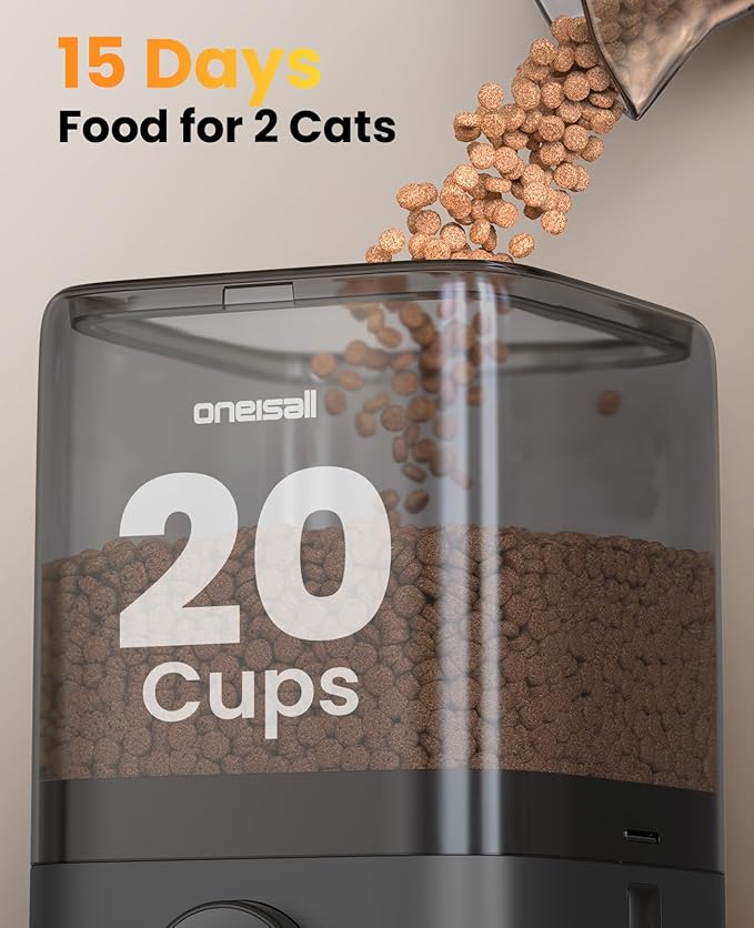 oneisall Cordless WiFi Automatic Cat Feeder for 2 Cats, Rechargeable 100-Day Battery Operated Auto Cat Feeder, 20 Cups/5L Timed Cats Food Dispenser Automatic for Large Kibble, Smart App Control