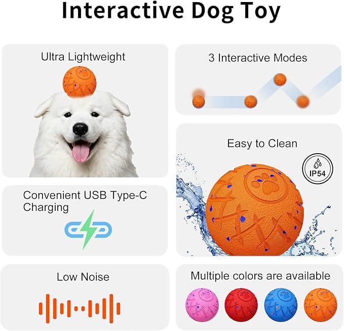 Interactive Dog Toys Dog Ball, Durable Motion Pet Toys for/Small/Medium/Large Dogs, Christmas Birthday Gifts, Automatic Moving, Bouncing and Rotating, E-TPU Material, IP54 Waterproof (Orange)