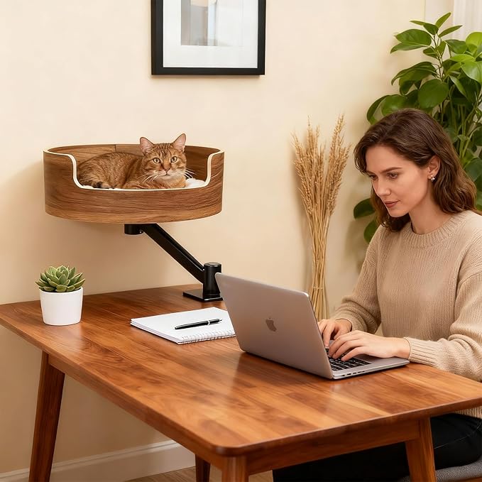 Space-Saving Cat Bed for Desk, Elevated Resting Spot for Home Office, Mounted Design for Small Apartments, Comfortable & Stable，Walnut Wood Finish