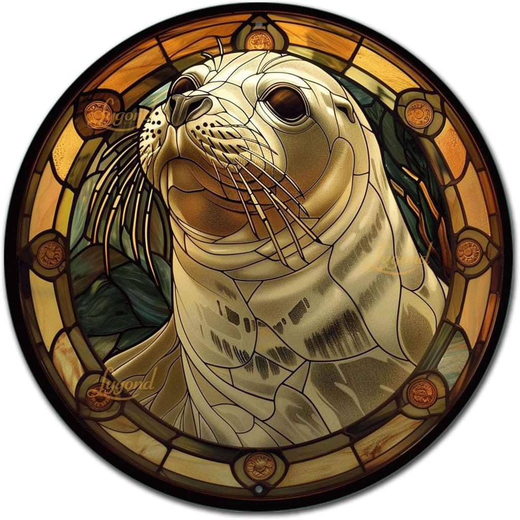 Lygond Metal Sign Tin Sign Circular Stained Glass Harbor Inspirational Wall Art for Bar 8×8 Inches