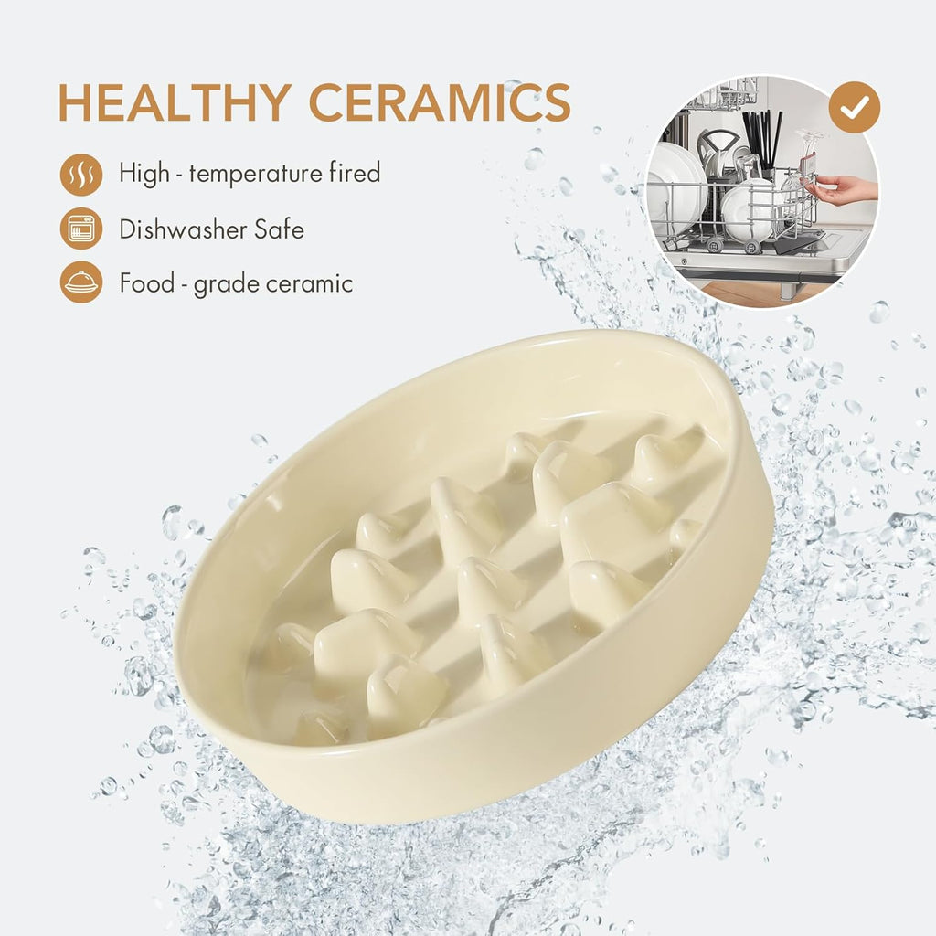 8.2inch Ceramic Dog Raised Slow Feeder Set, Elevated Bowl with Wooden Stand for Large and Medium Dog, Slow Feeder Dish for Fast Easters, Anti-Gulping(Beige, Single Bowl+ Stand)