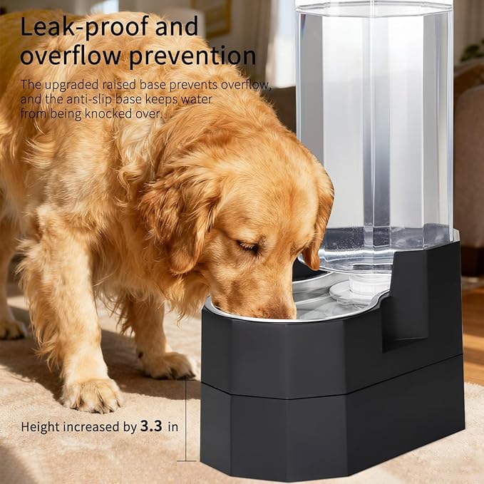 RIZZARI Large Dog Water Dispenser: 9L Raised Gravity Gray Automatic Stainless Steel Waterer with 2 Caps - 100% BPA Free - Pet Feeder for Senior Dogs with Joint Pain in Bedroom Garden