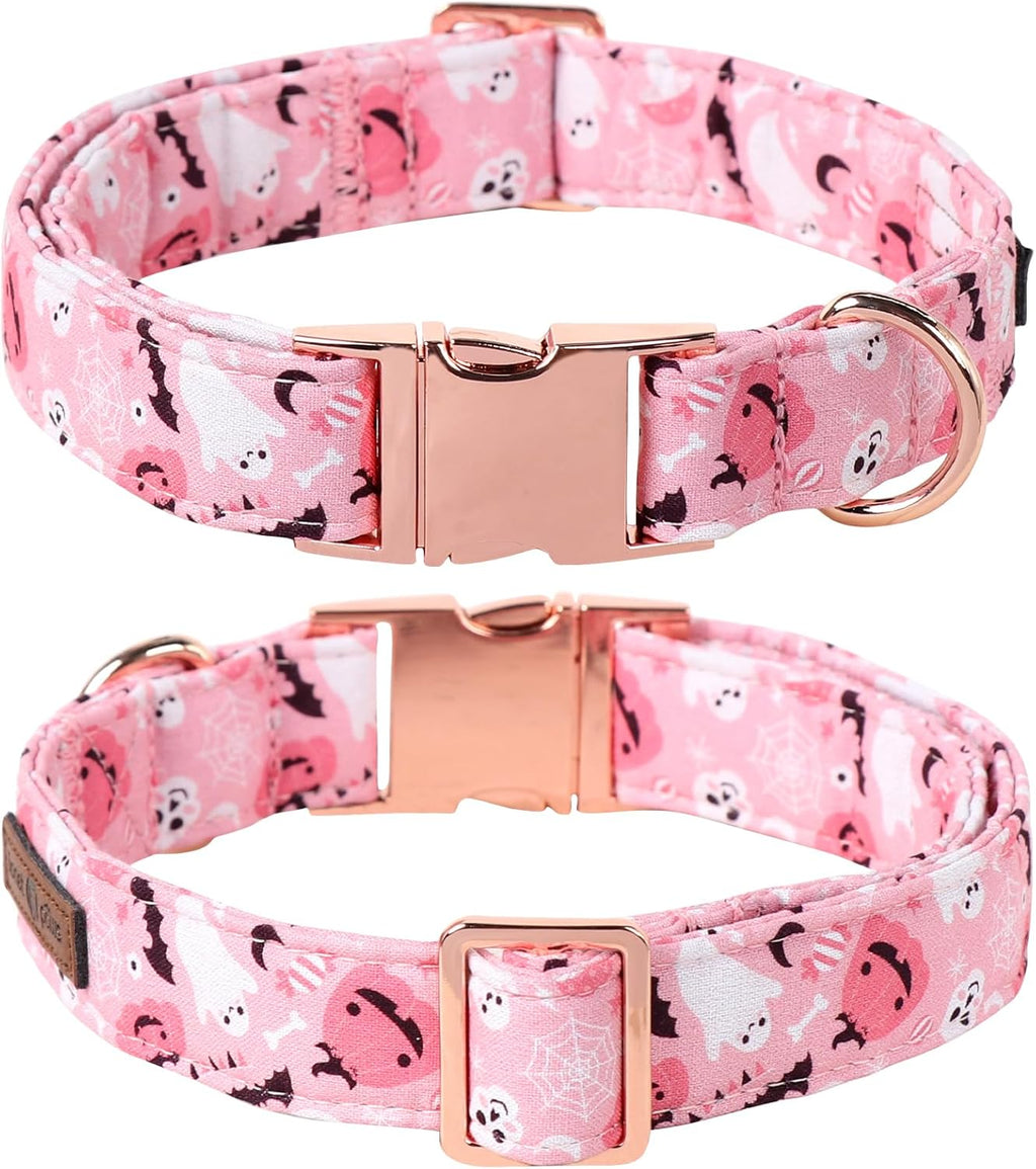 Lionet Paws Halloween Dog Collar, Cute Fall Pink Dog Collar for Large Dogs, Adjustable Cotton Pumpkin Ghost Pet Collars for Medium Large Dogs