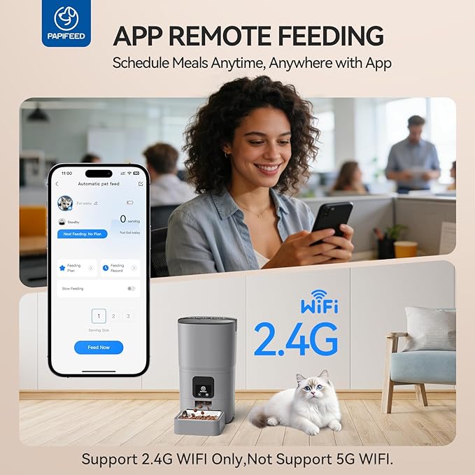 PAPIFEED Automatic Cat Feeder Upgrade, WiFi Pet Feeder with APP Control for Remote Feeding, Detachable for Easy Clean, Dual Power Supply,1-10 Meals Per Day for Multiple Pets(Gray)