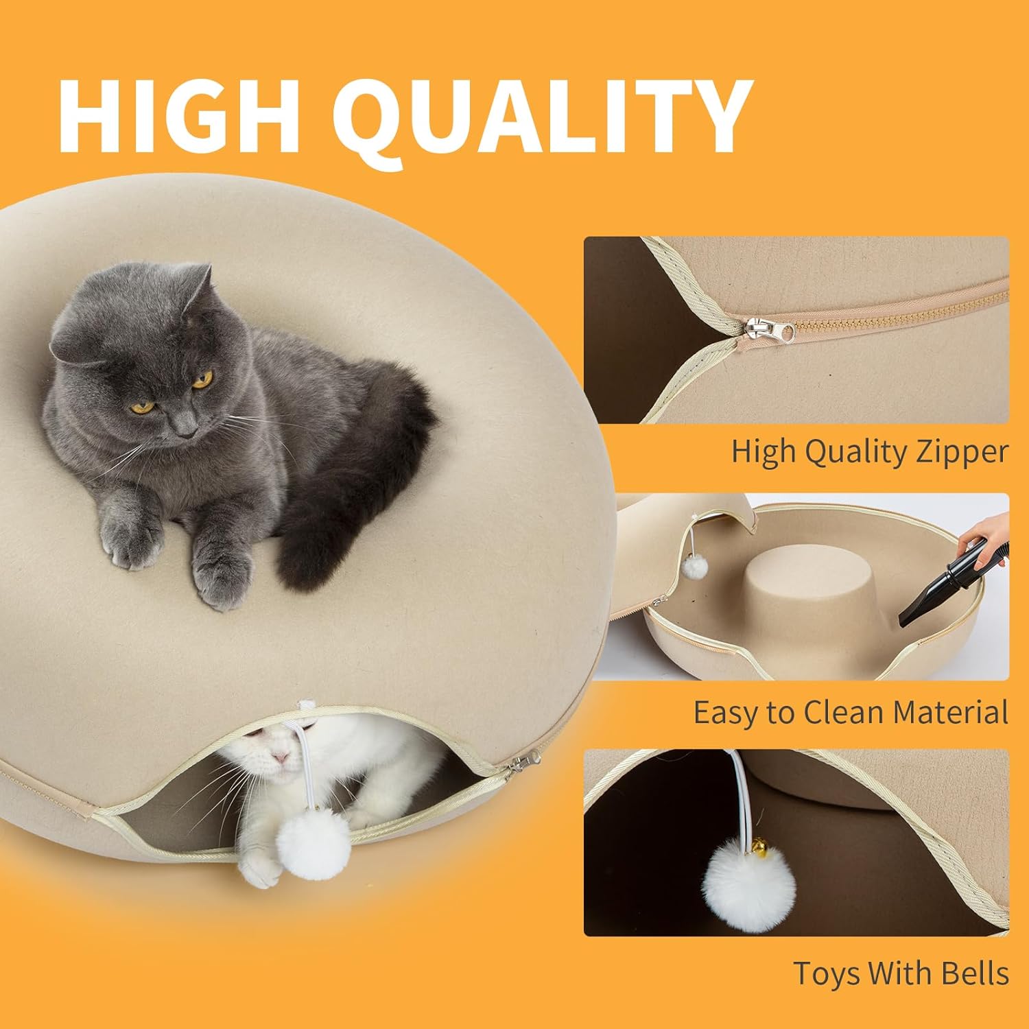 Jia Xi Cat Bed and Hideout, Large Indoor Cat Condo with Tunnel and Cave (24 inch, Beige)