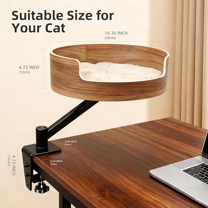 Space-Saving Cat Bed for Desk, Elevated Resting Spot for Home Office, Mounted Design for Small Apartments, Comfortable & Stable，Walnut Wood Finish