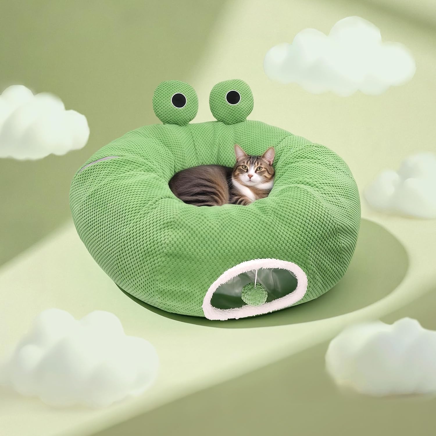 Cat Tunnel Bed for Indoor Cats, Peekaboo Cat Cave Bed,Soft Cat Donut Tunnel for Kitten Large Cats, Cute Frog Shaped