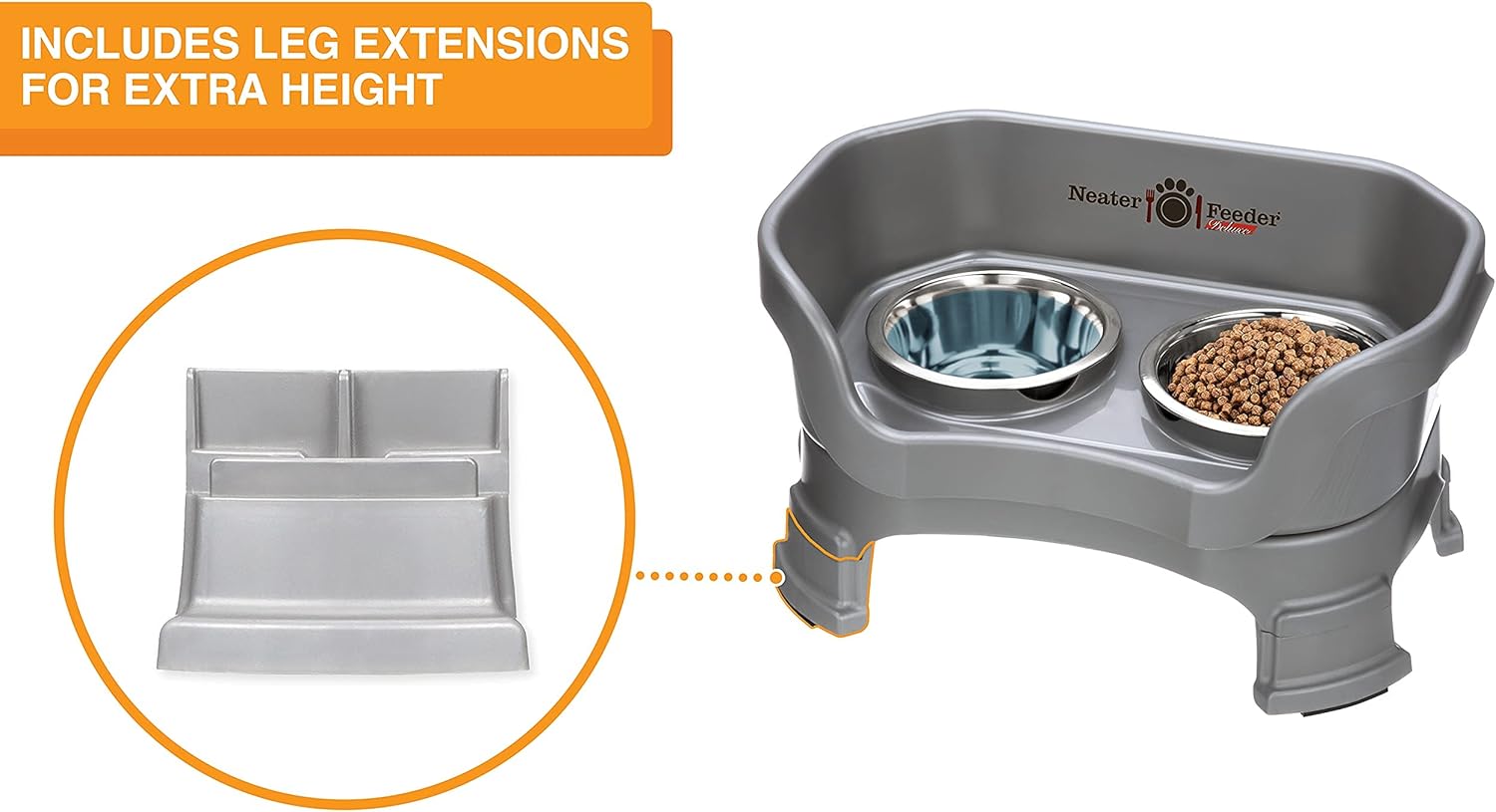 Neater Feeder Deluxe Mess Proof Dog Bowls Elevated for Small Breeds – Made in USA – No Spill Raised Dog Food Bowl Stand w/Leg Extensions – Stainless Steel Dog Food and Water Bowl Set – Grey