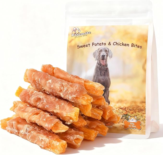 Chicken Jerky Wrapped Sweet Potato Dog Treats w/Taurine, Healthy Dog Snacks Low Fat High Protein, Chewy Training Rewards Treats for Small Medium Large Breeds,10.6 oz, 13-17 Counts