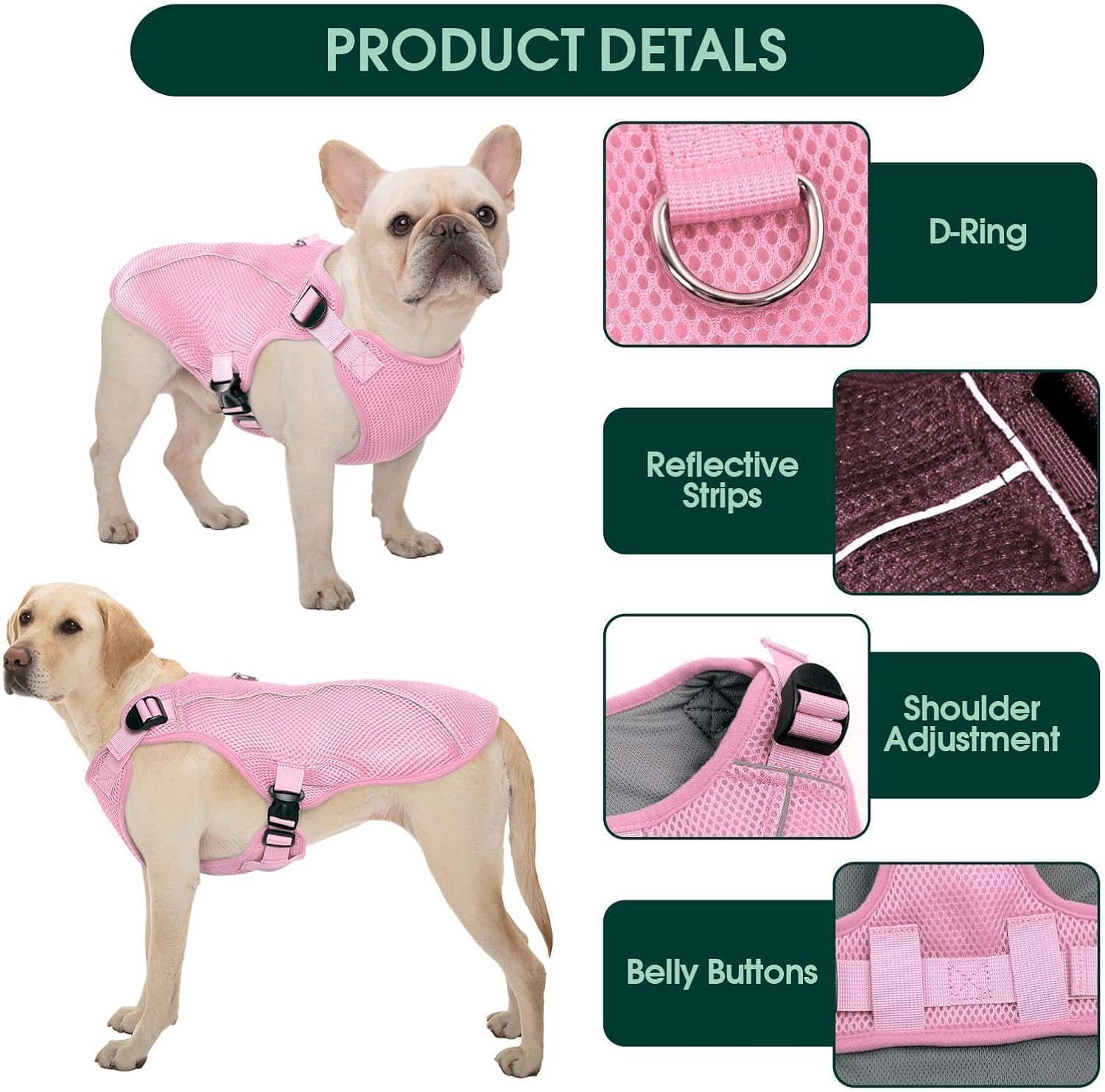 Kuoser Dog Cooling Vest for Large Dogs, Lightweight Doggie Cooler Jacket Breathable Mesh Pet Cooling Shirts Reflective Puppy Cool Harness for Beach, Hiking, Walking Pink XL