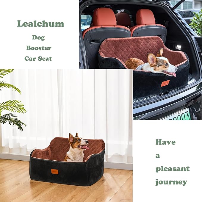 Large Dog Car Seat,Memory Foam Cushion Car Seat for 2 Small Dogs,Comfy Car Dog Bed with Side Pocket and 2 Clip-On Safety Leashes,Easy to Install Cars Seat for Dogs(Black, Large)