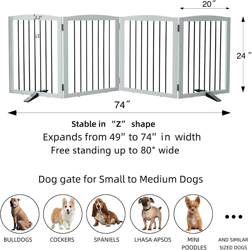 Freestanding Panel Dog Gate for Indoor, Doorways, Stairs, or Hallways - Foldable Wooden Pet Fence With Support Feet - 24" Height, 4 Panels, White
