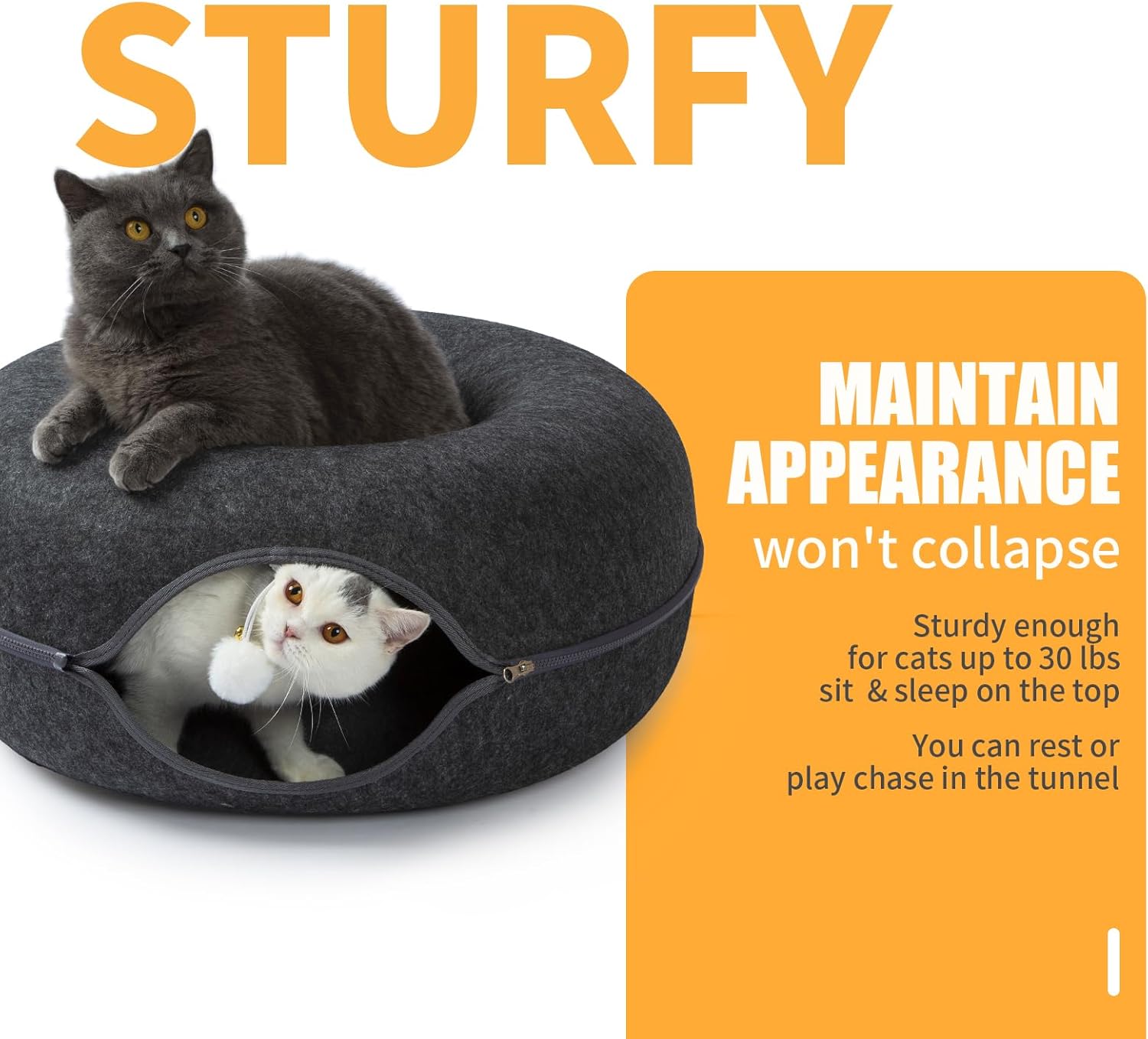 Jia Xi Indoor Cat Hideout Tunnel Bed - Donut Cat Condo and Cave - Dark Grey (20 in * 20 in * 8 in)