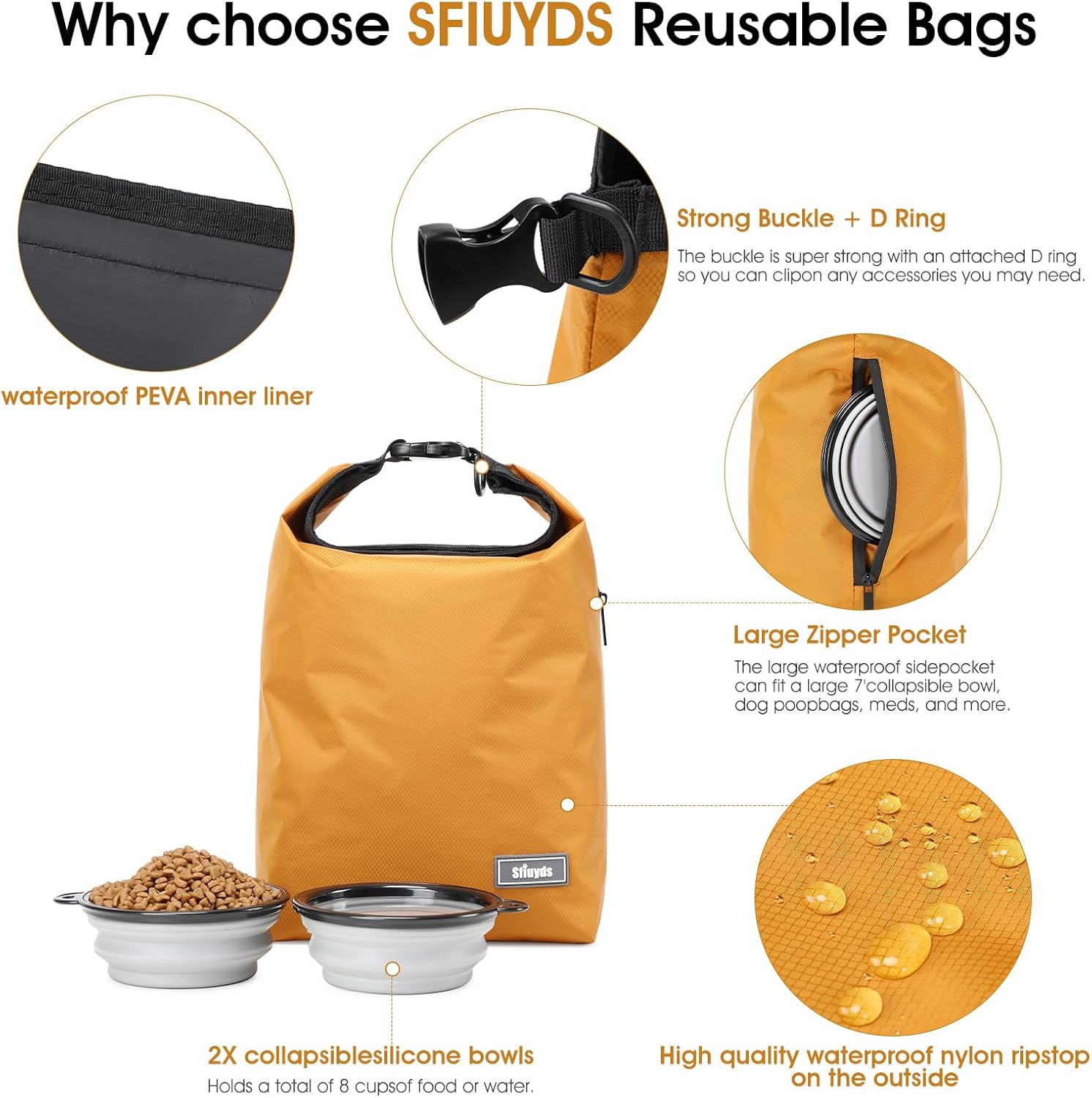 Pet Food Storage Bag,Dog Food Travel Bag with 2PCS Collapsible Dog Travel Bowls,Waterproof Kibble Storage Container(Yellow, Small)