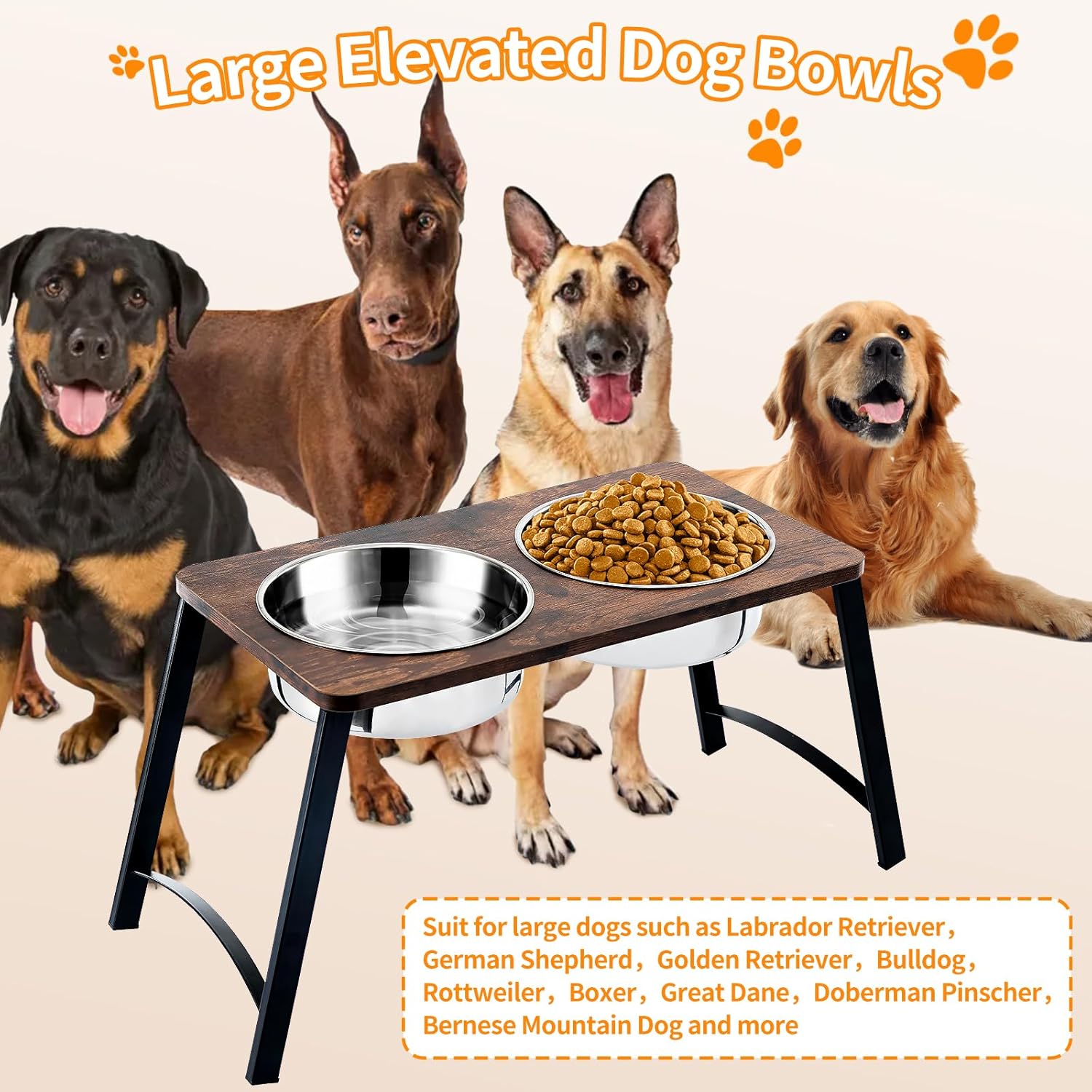 Elevated Dog Bowls for Medium and Large Dogs Wood Raised Bowl Stand with Two 1700ML (58oz) Stainless Steel Dog Food and Water Bowls,Non-Slip