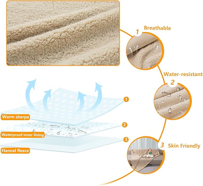 Waterproof Dog Blanket Reversible Pet Bed Cover Puppy Fluffy Cream Blankets Leakproof Sofa Couch Cover Cat Pet Blanket for Warm Washable-L
