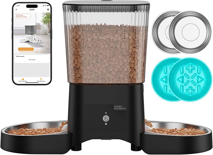 HoneyGuaridan Automatic Cat Feeder with 2.4G/5G WiFi,3.5L Cat Food Dispenser with APP Control – Includes 2 Stainless Steel Bowls & 2 Slow Feeder Anti-Choking Bowls, Four Anti-Slip Feet Black