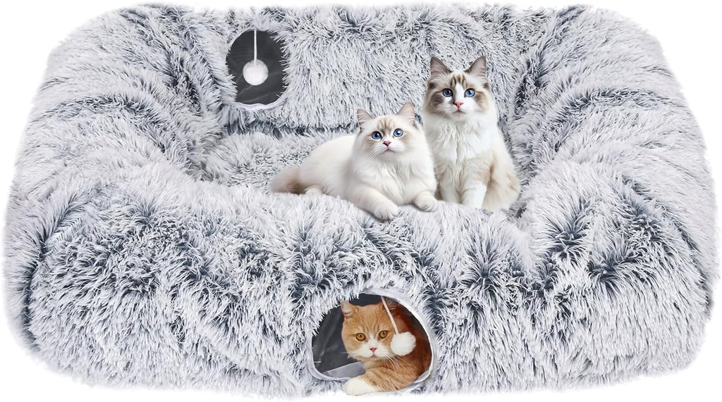 Extra Large Cat Tunnel Bed, 4 Ways Tunnels for Indoor Cats, Multi-cat Family Peekaboo Cave & Cat Bed, Plush Cat Donut with Washable Middle Mat, Exit Balls, Pet Play Toy for Kitten Puppy Rabbit