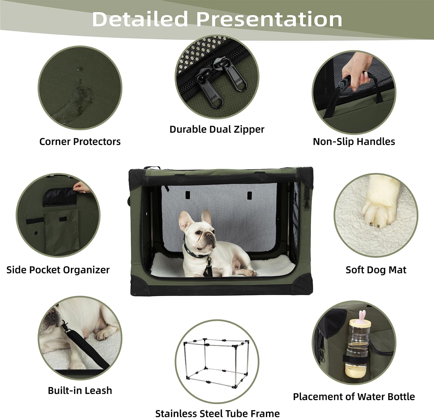 Pettycare Portable Travel Dog Crate 4-Door Soft Sided 30 Inch Collapsible Dog Crate with Curtains Durable Mesh Foldable Pet Kennel Soft Crates for Medium Dogs Indoor & Outdoor Olive Green