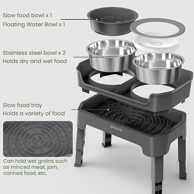 4-in-1 Elevated Slow Feeder Dog Bowls, 4 Height Adjustable Mess Proof Raised Dog Bowl Stand with No Spill Water Bowl, Stainless Steel Doggy Food Dish & Slow Feeder for Large Medium Small Pets
