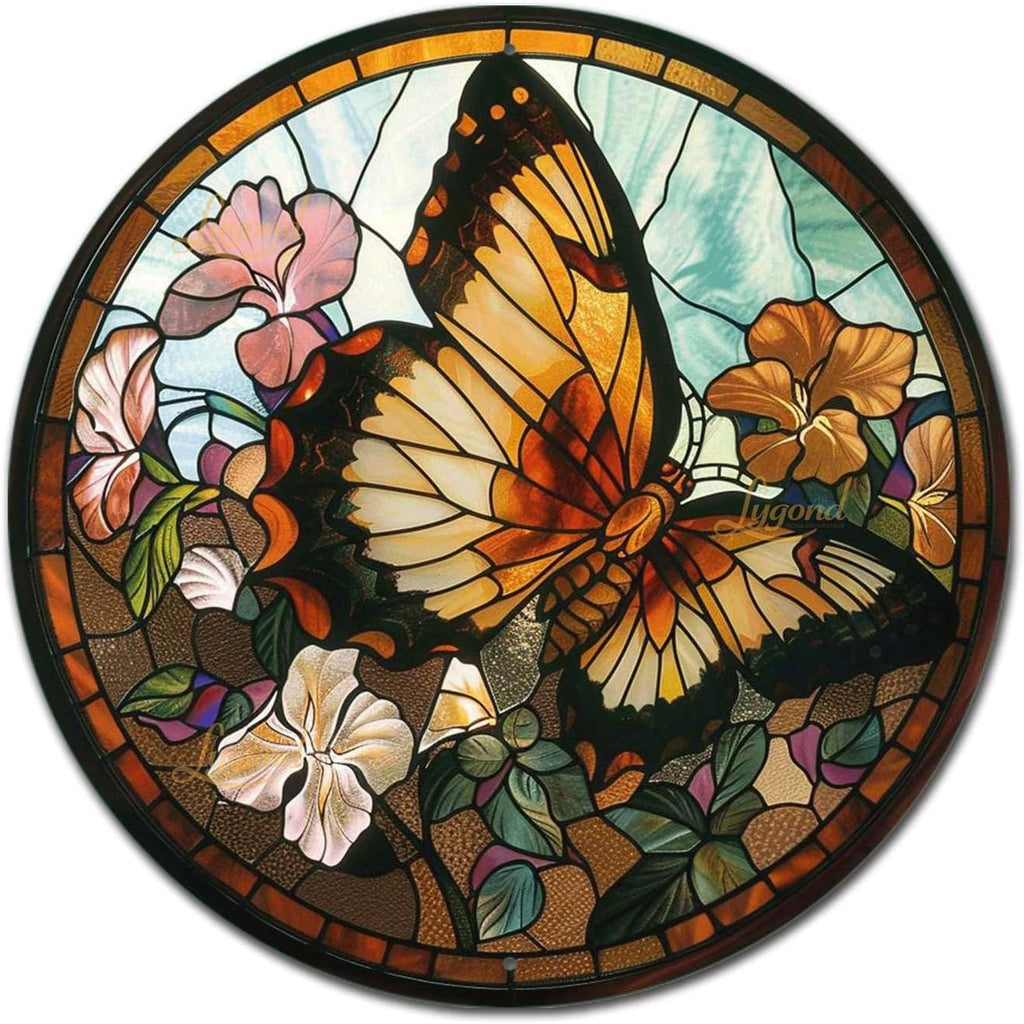 Lygond Metal Sign Tin Sign Circular Stained Glass Butterfly Inspirational Wall Art for Garage 12×12 Inches