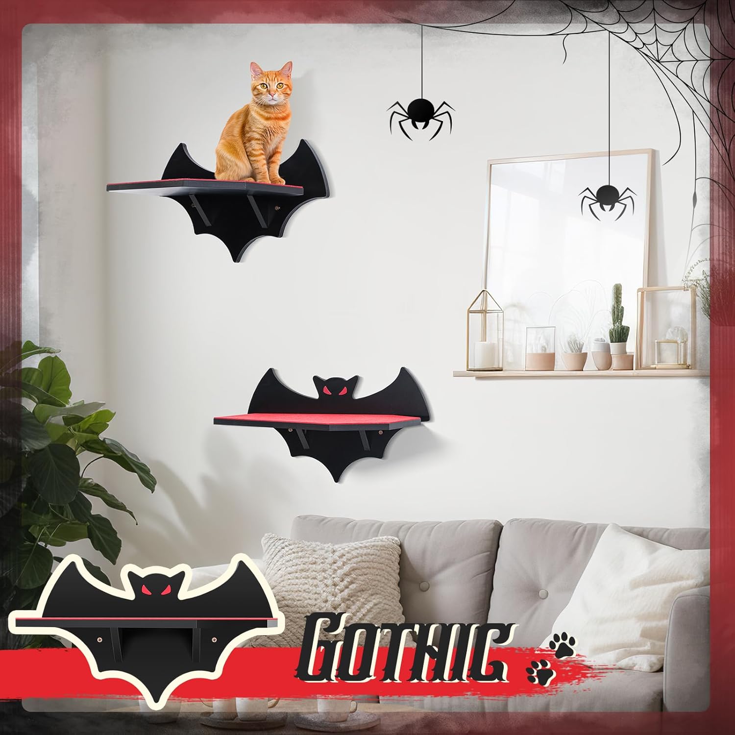 Cat Wall Mount Shelves for Indoor, Gothic Bat Floating Shelf with Coffin Bed Cat Wall Tree Can Load Bearing up to 30 Lbs/ 14 kg