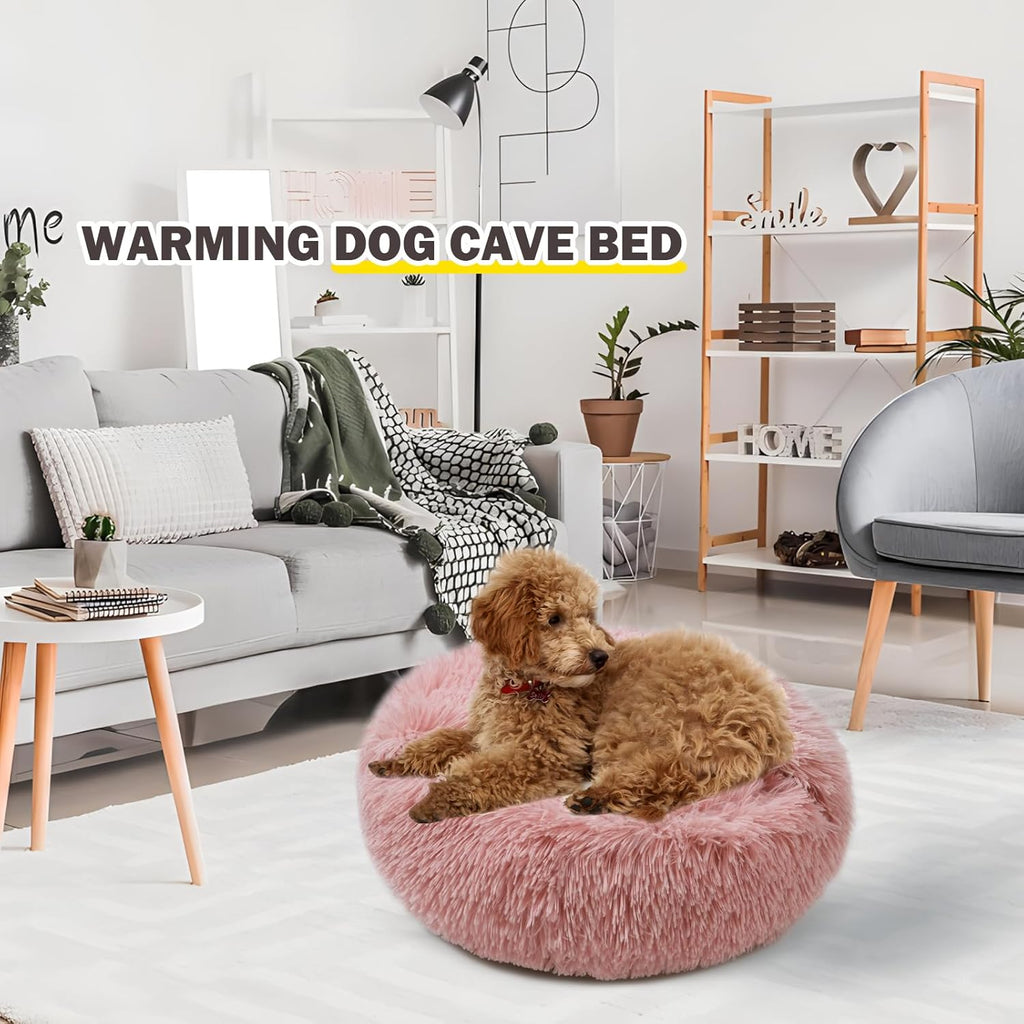 Cat Bed for Indoor Cats, Calming Cozy Cave with Self-Warming Plush, Entire Bed Machine Washable & Anti-Slip Base, Breathable Pet Bed for Small Cats&Dogs All Seasons (Leather Pink, 24 * 24inch)