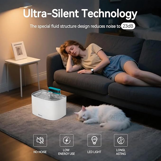 Cat Water Fountain, 122oz/3.6L Pumpless Wireless Cat Fountain, Cordless Water Fountains for Cats Indoor, Dog Pet Water Fountain Battery Operated with Stainless Steel Tray (White, Fountain+8 Fliters)