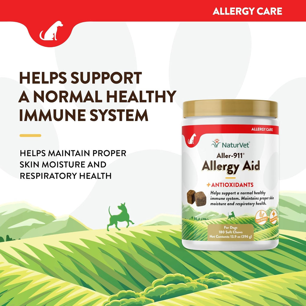 NaturVet Aller-911 Advanced Allergy Aid for Dogs, Cats – Antioxidant-Rich Pet Supplement with Omegas, DHA, EPA – Helps Support Dog Immune System, Cat Respiratory Health, Skin Moisture 180 Soft Chews