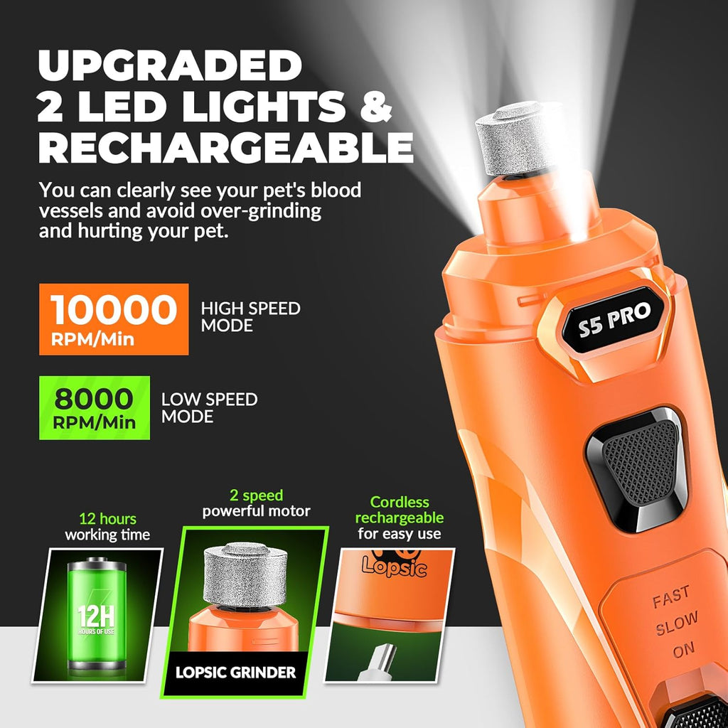 Dog Nail Grinder with 2 LED Lights Powerful 2 Speeds Super Quiet Dog Nail Trimmers with 3 Grinding Wheels Rechargeable Pet Dog Nail Clippers for Large Medium Puppy Dogs Dog Nail File Cat Nail Clipper