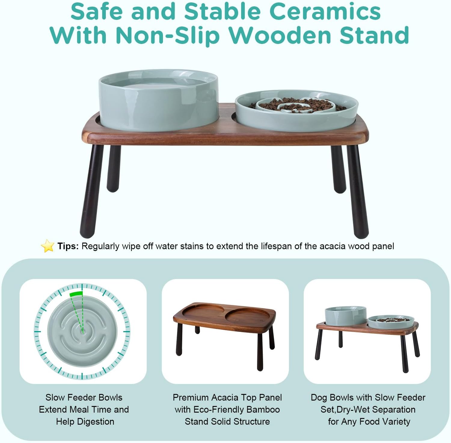 SPUNKYJUNKY Ceramic Elevated Dog Bowls with Slow Feeder Raised Acacia Bamboo Wooden Stand, 8.3'' Dog Food Water Bowls Set Non-Slip for Medium Large Sized Breed Microwave Dishwasher Safe - Light Green