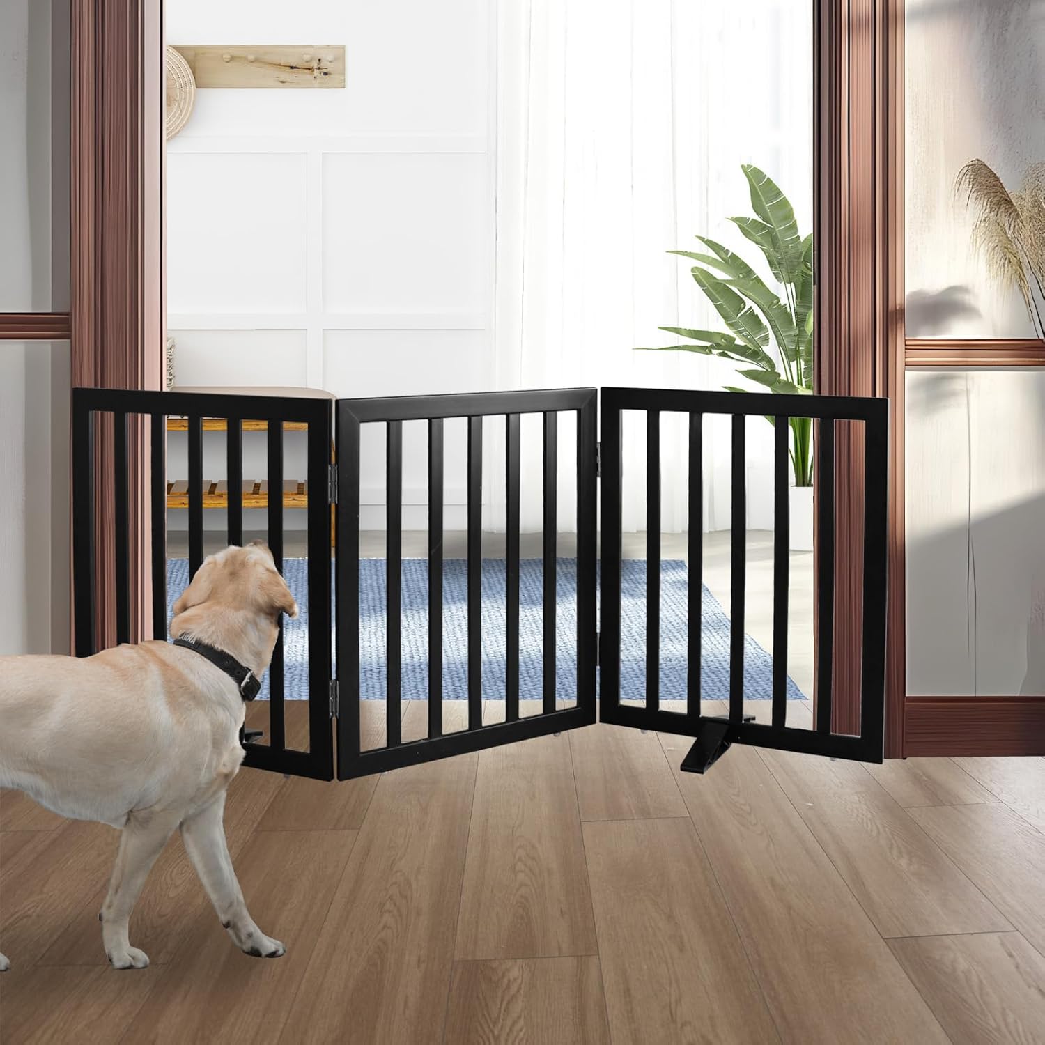 ZJSF Freestanding Indoor Dog Gate for House Foldable Wood Puppy Gate for Doorways Pet Gate for Stairs Extra Wide Pet Fence, Black, 24" Height 3 Panels