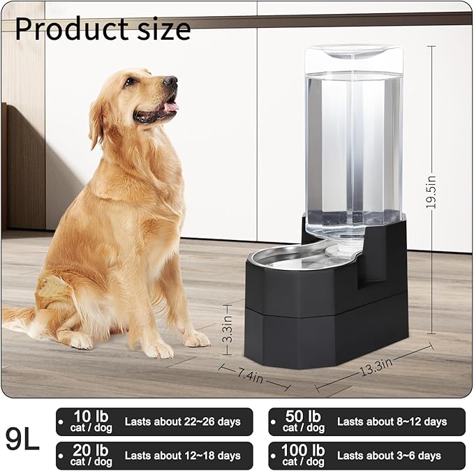 RIZZARI Large Dog Water Dispenser: 9L Raised Gravity Gray Automatic Stainless Steel Waterer with 2 Caps - 100% BPA Free - Pet Feeder for Senior Dogs with Joint Pain in Bedroom Garden