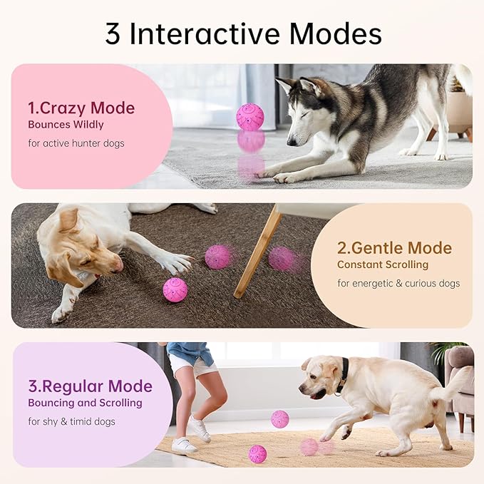 Interactive Dog Toys Dog Ball, Durable Motion Pet Toys for/Small/Medium/Large Dogs, Christmas Birthday Gifts, Automatic Moving, Bouncing and Rotating, E-TPU Material, IP54 Waterproof (Pink)
