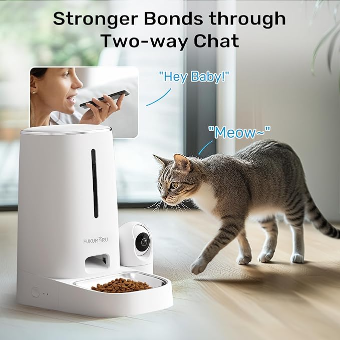 FUKUMARU Automatic Cat Feeder with Rotating Camera,1080P HD Video with Night Vision, 5G WiFi APP Control Pet Feeder, 2-Way Audio, Low Food, Motion & Sound Alerts